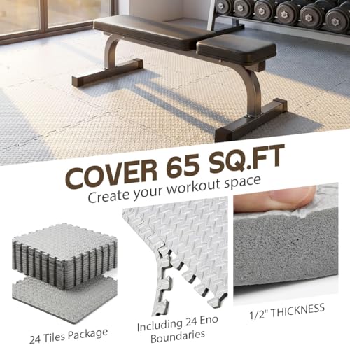 24 Tiles Interlocking EVA Foam Floor Tiles, Puzzle Exercise Mat, Home Gym and Garage Workout Mat, Black, 20 in x 20 in x 0.39 in, 64 Sq Ft (24, Grey) - color: Grey