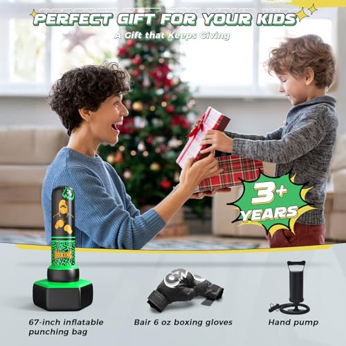 ODOSOLA 67'' Inflatable Punching Bag Freestanding for Kids Aged 3-12 – Heavy Duty Boxing Set for Karate & Taekwondo, Stable Boxing Bag Active Kids Toy, Christmas Birthday Gift for Boys and Girls - color: Green