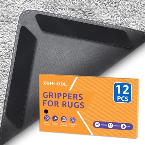 ZONGOOL 12Pcs Rug Tape Gripper No Floor Damage Double Sided Non Slip Carpet | Reusable Washable Grippers No Residue Secure Rug Corners For Hardwood Tile&Laminate Floors Renter Safe Anti-Curl Rug Stickers - color: Black
