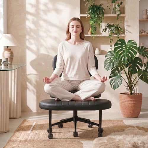 Cross Legged Office Chair with Wheels, 360 Swivel Height-Adjustable Meditation Chair with Lumbar Support, PU Leather, Black - color: Black, size: Oval Back