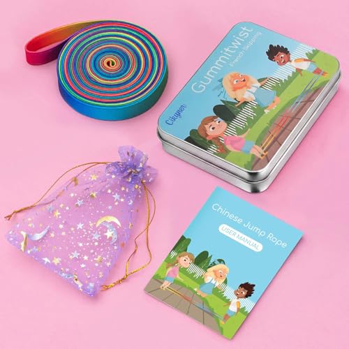 Cikyner Chinese Jump Rope, 4m Long 1.5cm Wide Elastic Chinese Ropes with Instructions French Skipping Rainbow Band for Indoor and Outdoor Children Jumpsies Games, Ideal for Gifts for Girls and Boys