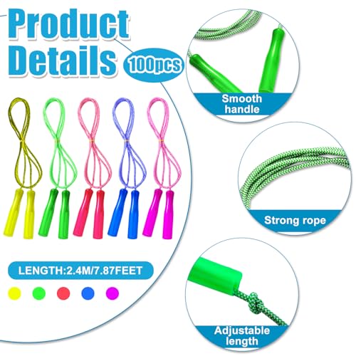 Honoson 100 Pcs Rainbow Jump Rope Bulk Gift for Kids 7.8ft Nylon Stripe Ropes with Handle Adjustable Colorful Party Favor Operation Christmas Item Gift Boxes Outdoor Exercise Fitness (Multicolor) - color: Multicolor