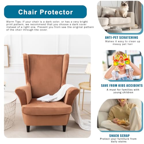 NILUOH Thick Velvet Wingback Chair Slipcovers 2-Piece, Stretch Wing Chair Covers Soft Sofa Slipcover Wing Back Armchair Cover Furniture Protector for Living Room - color: Red-camel