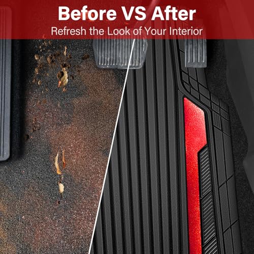 CAR PASS Heavy Duty Rubber Car Mats Metallic, Aluminum Film All Weather Floor Mats Waterproof Universal Trim to Fit Automotive SUV Sedan Van 4 Piece Anodized Deep Dish Two-Tone Sporty Black Red Chrome - color: BLack Red