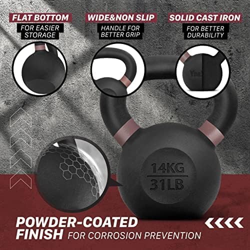 Yes4All Powder Coated Kettlebell, Cast Iron Core Kettlebells with Non-Slip Handle & Flat Bottom for Conditioning, Heavy Duty for Strength Training, 9lb to 71lb - Single & Pair - color: Brown, style: B. Pair