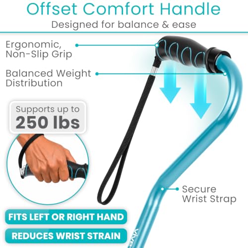Vive Walking Cane for Women, Men, Elderly - Patented Offset Grip - Lightweight Adjustable Walking Aid with a Non-Slip Tip - Sturdy Balancing Mobility Aid for Seniors - color: Teal