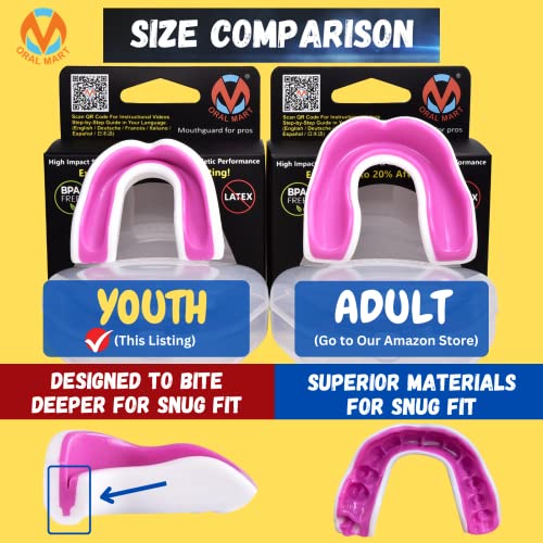 Oral Mart Youth Sports Mouth Guard for Kids (USA Flag, Fangs, 20+ Colors to Choose from) Mouthguard for Football, MMA, Karate, Boxing, Rugby, BJJ, Flag Football – /w Case (Youth, Strapless) - color: Pinky Lady
