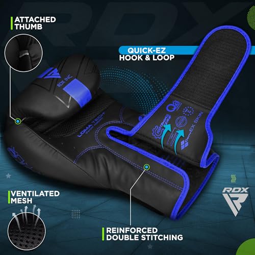 RDX Kids Boxing Gloves Sparring and Muay Thai Maya Hide Leather, Kara Patent Pending Junior Training Mitt for Kickboxing, Punching Bag, Focus Pads, MMA, Thai Pad, Double End Ball Punching Gloves - color: BLUE, size: 6OZ