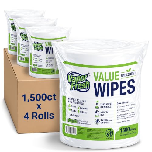 Vapor Fresh Value Wipes - 1,500 Count x 4 Rolls (6,000 Total Wipes) Plant Powered Commercial Grade Cleaner For Gym Equipment, Fitness Studios, Spas, Schools - Bulk Refill Rolls - Unscented