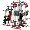 All in One Home Gym System Workout Station, Multi-Function Smithe Machine Power Cage with Cable Crossover System, Tripe-Sided Independent Load Posts, Functional Trainer for Full Body Training - color: Red, style: Home Gym Station