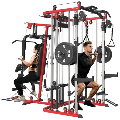 All in One Home Gym System Workout Station, Multi-Function Smithe Machine Power Cage with Cable Crossover System, Tripe-Sided Independent Load Posts, Functional Trainer for Full Body Training - color: Red, style: Home Gym Station