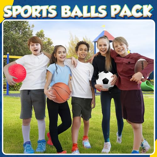Sports Balls for Kids & Toddlers - (Pack of 4) 5-inch Sports Set Includes Football, Small Size Soccer, Basketball, and Playground Balls, Fun Indoors & Outdoor Toys (Hand Pump Included) - color: Regular, size: 5-Inch