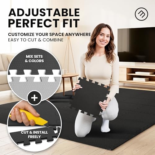 bemaxx Gym Mats Set - 18 pcs EVA Interlocking Foam Floor Tiles (12.6"x12.6"x0.4") 18sqft Protective Gym Flooring Sports Home Workout Exercise Mats Puzzle Garage Fitness Play-Room Pool Treadmill Bike - color: Anthracite, size: 18 Tiles | 18 sq ft