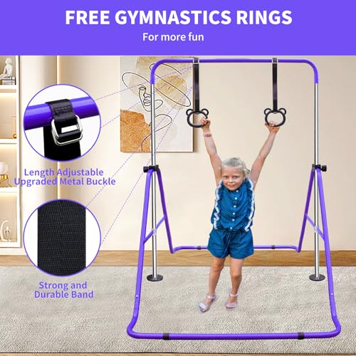 Gymnastics Bars for Kids with Rings, Junior Kip Training Bars Equipment for Home, Folding Height Adjustable Horizontal Bars - color: Purple