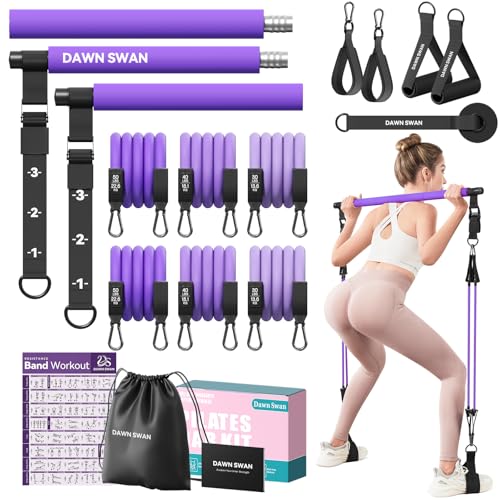 Pilates Bar Kit with Resistance Bands – Adjustable Home Gym Workout Equipment for Women & Men – Portable Pilates Equipment for Squats, Yoga & Full Body Toning - color: Purple