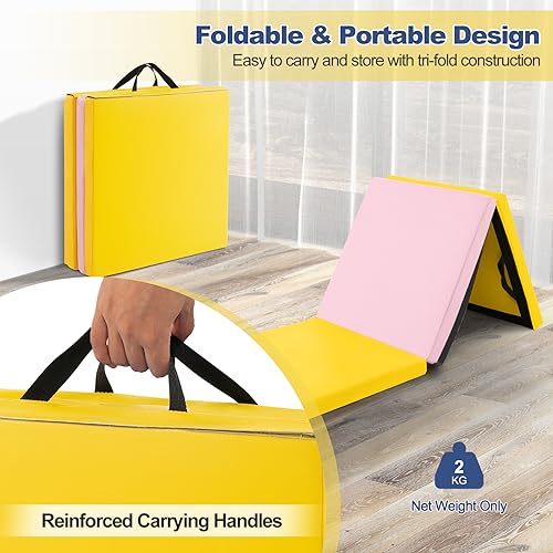 Goplus Folding Gymnastics Mat, 6’ x 2’ x 2’’ Thick Tri-Fold Exercise Tumbling Mat w/Carrying Handles, Hook & Loop Fastener, Gym mats for Home Fitness Yoga Aerobics Workouts Martial Arts - color: Yellow + Pink