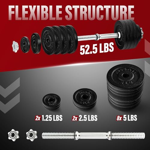 Yes4All Old School Adjustable Dumbbell Set with Weight Plates, Star Lock Collars/Connector, 40lbs to 200lbs Adjustable Weight Plates Set - color: G. 52.5LB Dumbbell Single - Black