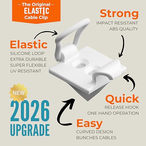[Made in the UK] 10-Pack Adjustable Elastic Adhesive Cable Clips, Wire Management Holder, Cord Organizer for Home Office, Under Desk, Behind TV, Phone Charger, Laptop, PC, HDMI, USB (White) - color: White 10-pack