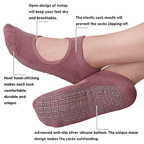 unenow Non Slip Grip Yoga Socks for Women with Cushion for Pilates, Barre, Home - color: 3 Pairs-yellow/Light Purple/Green