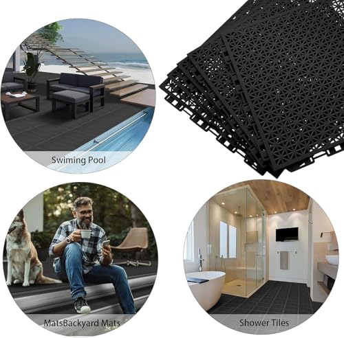 50 PCS Modular Interlocking Cushion Interlocking Floor Tiles with Hole Drainage Mat 10" x 10" Non Slip Pool Deck Mat Outdoor for Drain Deck Pool Patio Shower Kitchen Balcony (Black) - color: Black