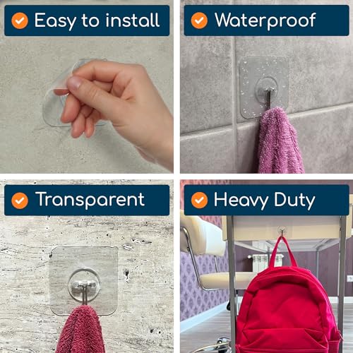 GLUIT Adhesive Wall Hooks for Hanging Heavy Duty 22 lbs Hooks for Walls No Drill, Towel Sticky Clear Hook, Waterproof, Home, Bathroom, Kitchen, Office, and Outdoor 12 Pack - size: Medium, 12 pcs