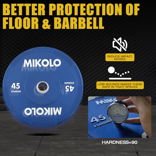 Mikolo Olympic Bumper Plates Set, 100% High-Density Low-Bounce Rubber Weight Plates with Steel Inserts, IWF Color-Coded Quiet Barbell Plates for Deadlifts, Squats & Home Gym Strength Training (Weights: 45 * 2-230LB) - style: 230LB SET