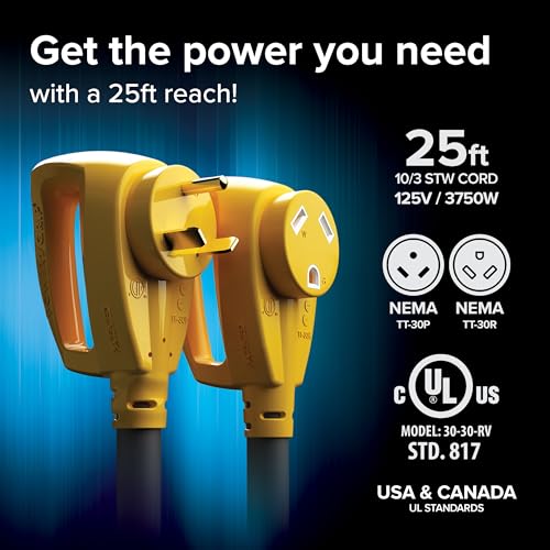 Camco Power Grip 25-Ft 30 Amp Camper RV Extension Cord - Male to Female (NEMA TT-30P to TT-30R) - Rated for 125V/3750W - Features Heavy Duty 10-Gauge Copper Wire & Weather Resistant PVC (55191) - size: 25-Foot, style: Standard End