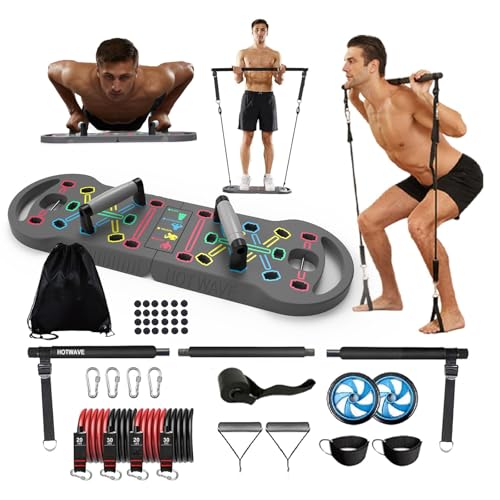 HOTWAVE Portable Exercise Equipment with 16 Gym Accessories,20 in 1 Push Up Board Fitness,Resistance Bands with Ab Roller Wheel,at Home Workout for Men