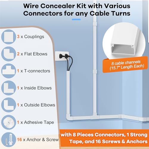 126in Cord Hider Kit, ZhiYo Wire Hiders for TV on Wall, Paintable Cable Management Kit, Wire Cover for Wall Mount TV, White Cable Raceway, Cord Cover Wire Management Kit, 8 x L15.7in W1.18in H0.67in - color: White, size: W1.18in X H0.67in X L126in