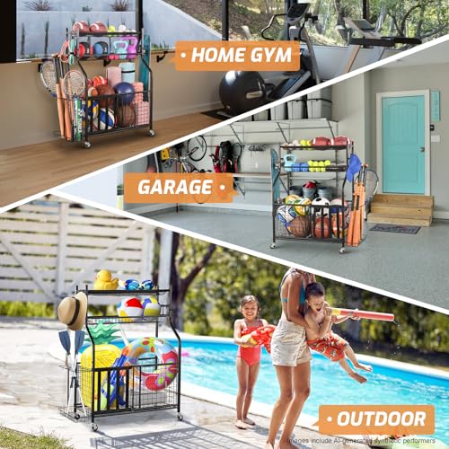 PLKOW Sports Equipment Storage for Garage, Indoor/Outdoor Sports Rack for Garage, Ball Storage Garage Organizer with Basket and Hooks,Toy/Sports Gear Storage - color: Black, 36" L x 16.4" W x 44.3" H