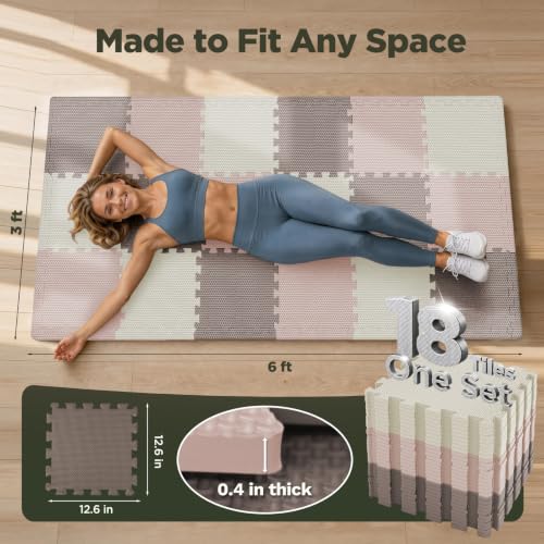 AIRHOP 18 PCS Gym Floor Mat, EVA Foam Puzzle Gym Mat, High-Density Interlocking Foam Floor Tiles for Home Gym, Play Workout Garage Kitchen Flooring 12.6"x12.6"x0.4" - color: Dusty Pink + Pastel Pink + Ivory Mix Set, size: 18 Tiles | 18 Sq Ft