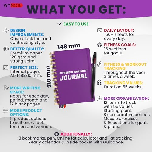 Fitness Journal Royal Purple on 150+ Workouts + Yearly Calendar + 55 Tracking Values - A5 Workout Journal with Fat tracking - Planner to 12 items to track + 7 comparative periods + Goals