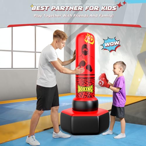 ODOSOLA 67'' Inflatable Punching Bag Freestanding for Kids Aged 3-12 – Heavy Duty Boxing Set for Karate & Taekwondo, Stable Boxing Bag Active Kids Toy, Christmas Birthday Gift for Boys and Girls - color: Red