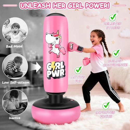 Inflatable Punching Bag, 66" Inflatable Boxing Bag for Kids with Boxing Gloves for 3-12 Girls, Stable Boxing Set for Practicing Karate, Taekwondo, Unicorn Toy & Gifts for Girls