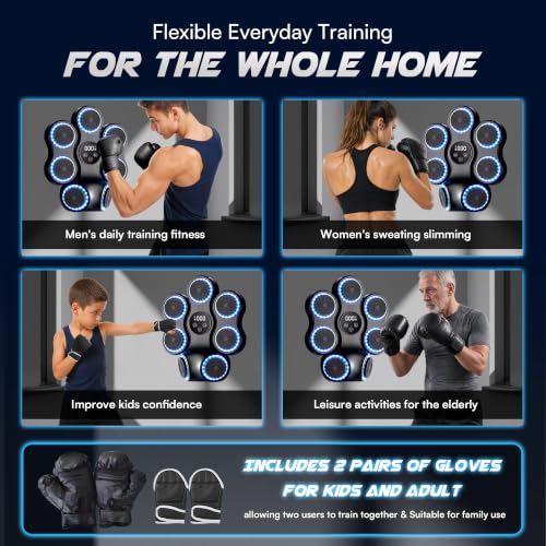 Music Boxing Machine with Gloves, Wall Mounted Punching Trainer with LED Light Up Targets, Bluetooth Rhythm Reaction Training Pad, 11 Modes & 9 Speeds for Adults & Kids Home Fitness & Stress Relief