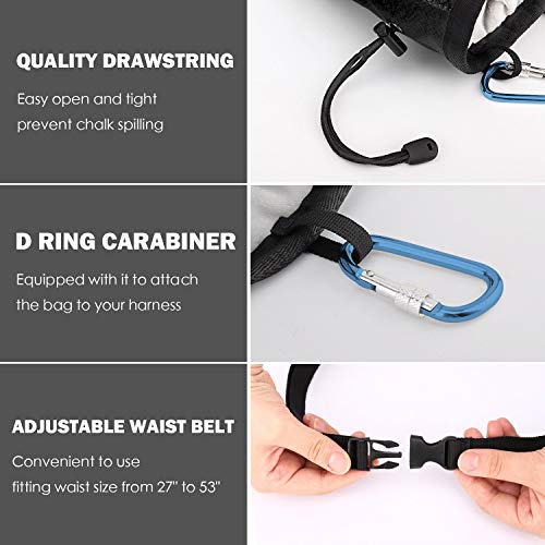 Rhino Valley Climbing Chalk Bag, No Leak Drawstring Chalk Bag with Adjustable Belt, Carabiner Clip and Zippered Pockets Chalk Bag for Rock Climbing, Cross Fit, Weight Lifting & More - color: Black