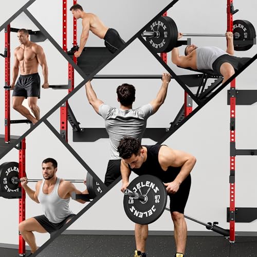 JELENS FS01 Folding Squat Rack, Wall Mounted Power Rack for Home Gym, Space Saving Multi-Functional Power Cage with More Attachments - color: Red, size: FS01 Squat Rack