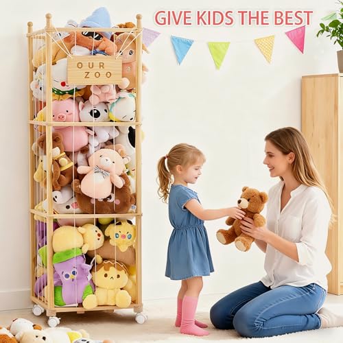 Stuffed Animal Storage & Organizer with Wheels, Wooden Stuffed Animal Zoo Storage with Elastic Band & Net, Space Save Toy Organizers, Plush Toy Holder for Kids Bedroom, Playroom and Nursery (Natural)
