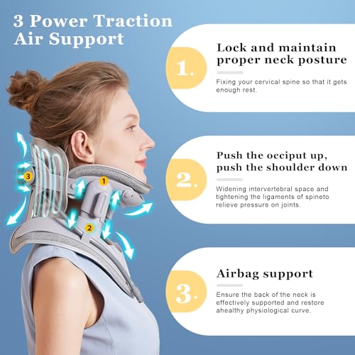 Cervical Neck Traction Device, Adjustable Cervical Traction Device with 3 Power Traction, 8 Airbag Support for Neck Pain Relief Neck Stretcher Air Pump Neck Brace - color: Grey Manual Air Pump