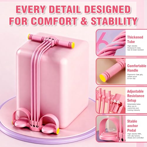 Multifunction Foot Pedal Resistance Bands with Handles, 6-Tube Adjustable Elastic Yoga Exercise Bands, Home Gym Fitness Equipment for Abdomen, Core, Waist, Arm, Leg Stretching - color: Pink