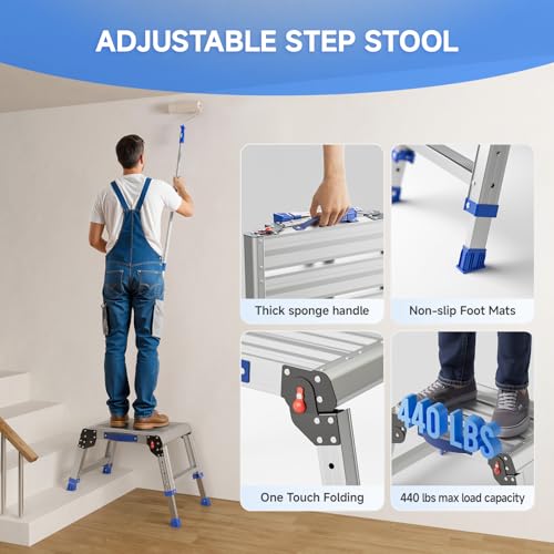 Loyoda Folding Step Stool for Adults, Portable Aluminum Work Platform 440lb | 12"-15.7" Adjustable Height, 12" x 16.5" Wide Platform for Garage, Painting, Reach High Shelves, Gardening, Car Wash - size: Regular