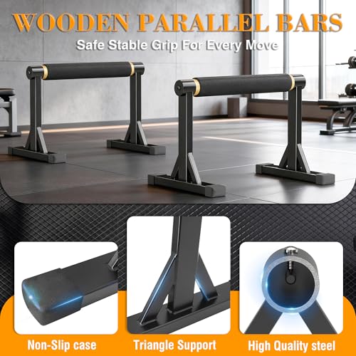 GanFindX Wooden Parallel Bars 12/10-14" 600LB Capacity for Home Gym | 600LB Wooden Parallettes with Non-Slip Base, Adjustable Bars for Dips, Push Ups, Handstands, L-Sits & Gym Training, Black - size: 12"