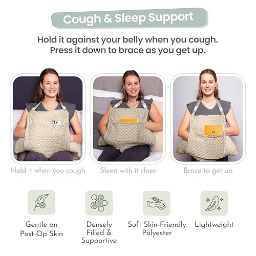 MOYOAMA Hysterectomy Pillow Post Surgery – Form-Fit Support Shield with Secure Straps, 2 Pockets, & Cozy Muff – After Hysterectomy Recovery Must-Haves, Post-Op C-Section Pillow Post Surgery Gifts - color: Sandstone Beige