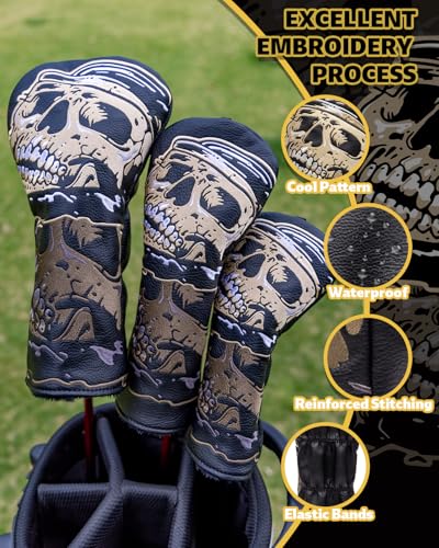 Golf Club Covers, Black Gold Skeleton Driver Covers Fairway Wood Headcover Hybrid Cover Leather Mallet Putter Covers Blade Headcovers Golf Head Covers with Magnetic Closure for Most Brand