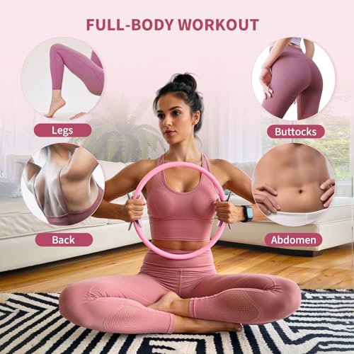 Pilates Ring Set for Women, Home Workout Pilates Equipment with Resistance Bands, 14'' Magic Circle, Mini Ball, Pilates Starter Kit for Strength - color: Pink