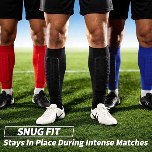 Soccer Shin Guards for Youth Adult, Shin Defender Calf Compression Sleeve with Honeycomb Pads, Lightweight Protective Shin Pads for Football, Ski, Basketball, Boxing, Includes Mesh Carry Bag