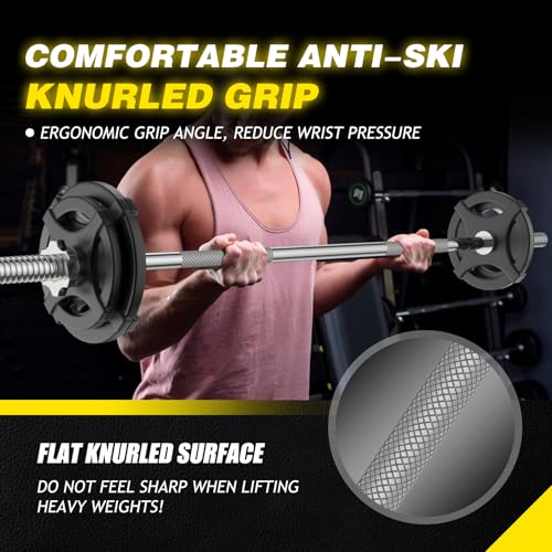Weight Lifting Bar 57", 1" Standard Straight Barbell Bars Olympic Home Gym | Weightlifting/Strength Training/Squat/Bench Press/Deadlift/Lunges/Hip Thrusts, 2 Star Collars (480lb Weight Capacity) - color: Silver