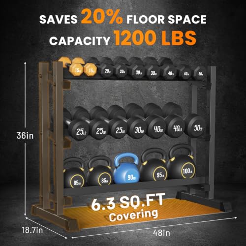 3-Tier Dumbbell Rack, 1100LBS Capacity Adjustable Weight Rack, Heavy-Duty Weight Stand for Dumbells & Kettlebells, Compact Weight Storage Organizer for Home Gym (Rack Only) - size: 18.7 x 48 x 36 inches