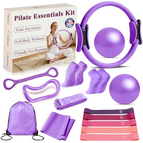 Pilates Ring and Small Ball Set for Women with 5 Resistance Bands, 14 inch Magic Circle Home Workout Essentials Starter Kit for Beginners, Yoga Sets for Full Body Toning Shape - color: Purple