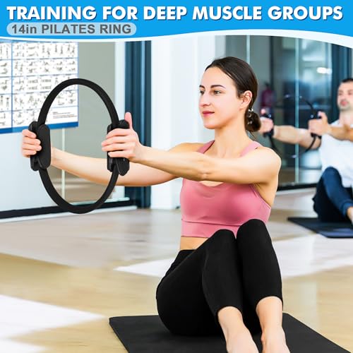 Goocrun Pilates Ring Set Exercise Equipment, with Exercise Resistance Bands Set, Pilates Ball, Sliding Disks. Portable Home Gym - with Fitness Guide Poster - color: Black, size: Mid-level